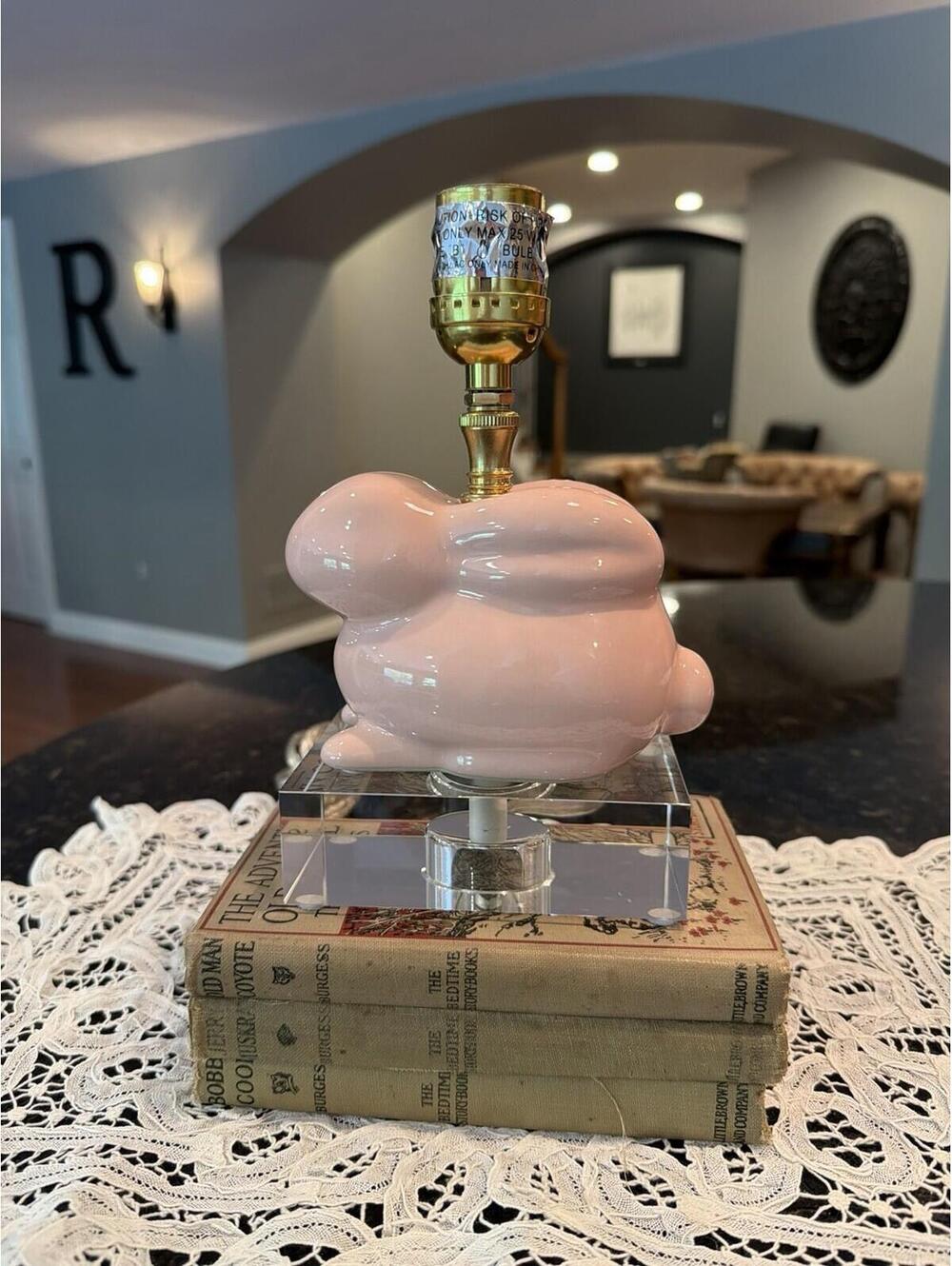Pink Porcelain Bunny Rabbit Lamp W/ Clear Lucite Sight Base No Shade